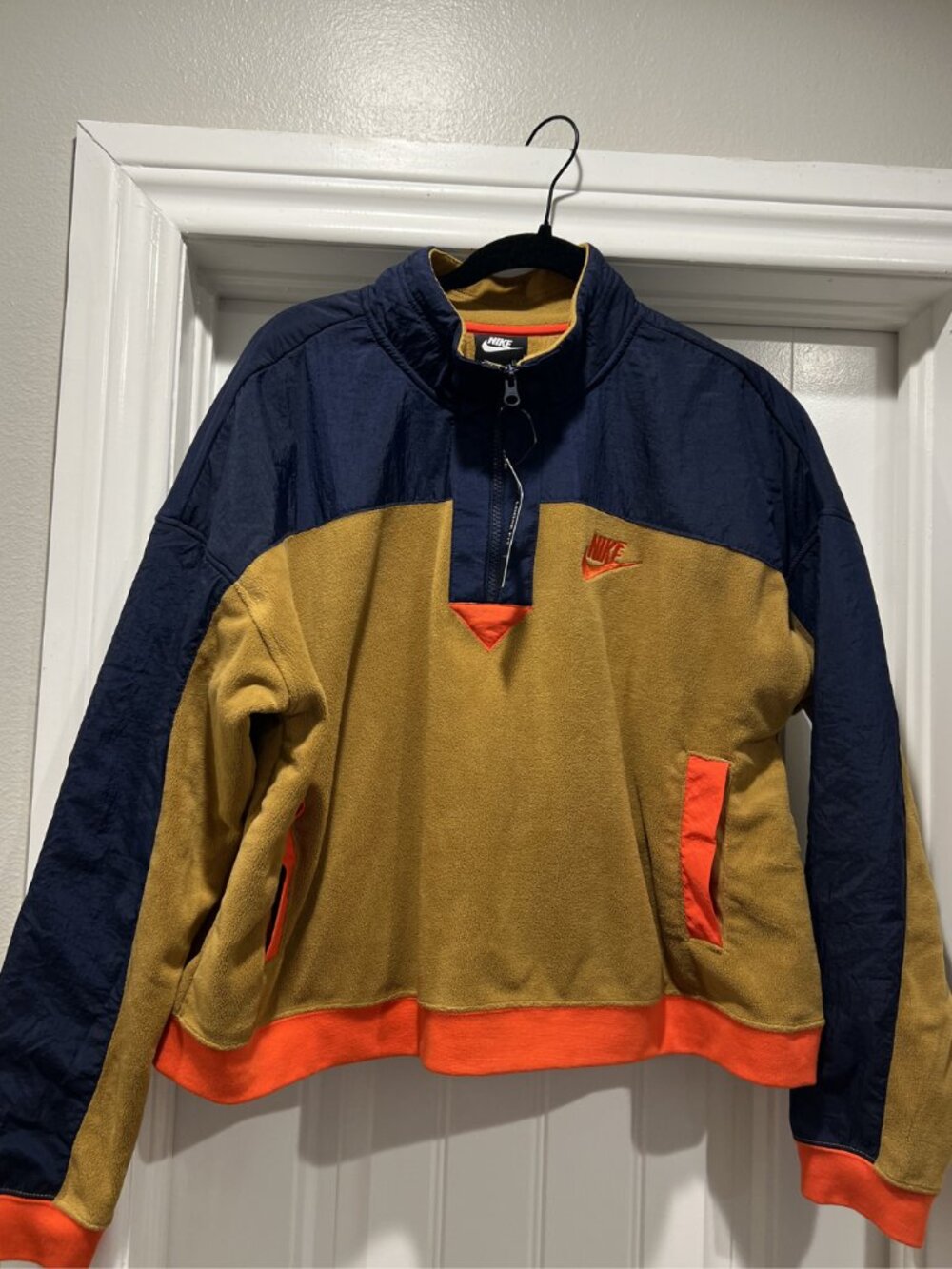 Nike Women’s Retro Fleece Pullover Jacket Tan Navy Orange XL - NWT